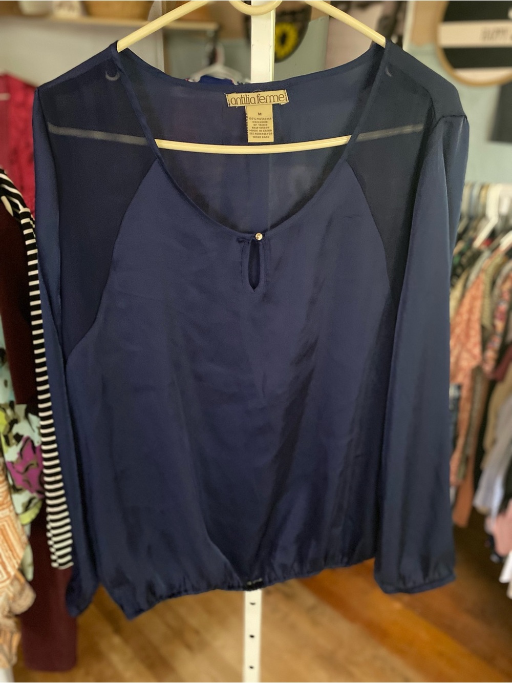 Antilia Femme Navy Sheer-Panel Long Sleeve Blouse
